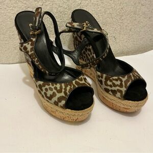 Gucci Brown Leopard Wedge Sandals